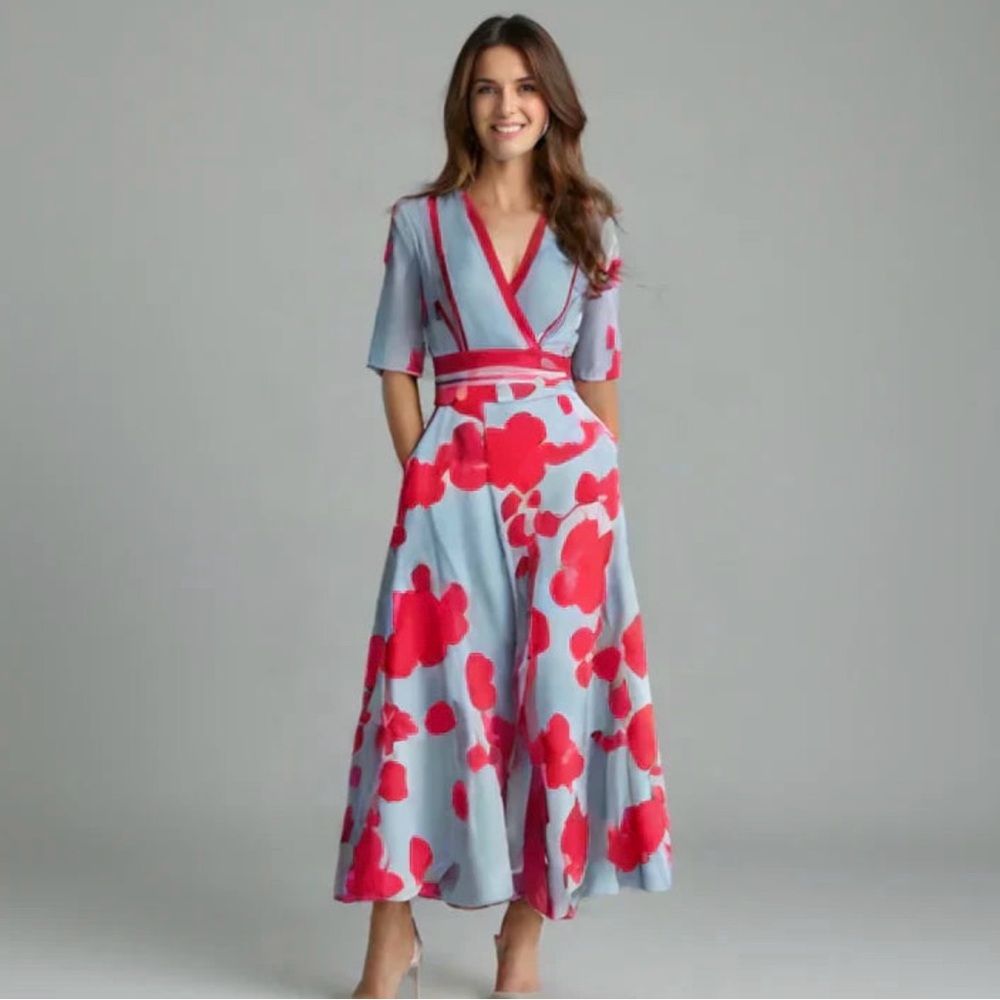 Elegant Blue and Red Floral Dress